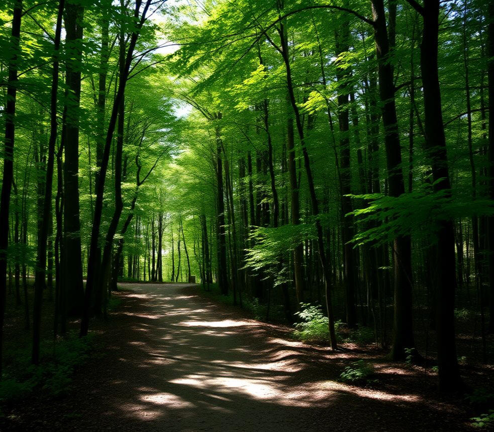 A winding forest path leading into the distance, with sunlight peeking through the canopy of trees.